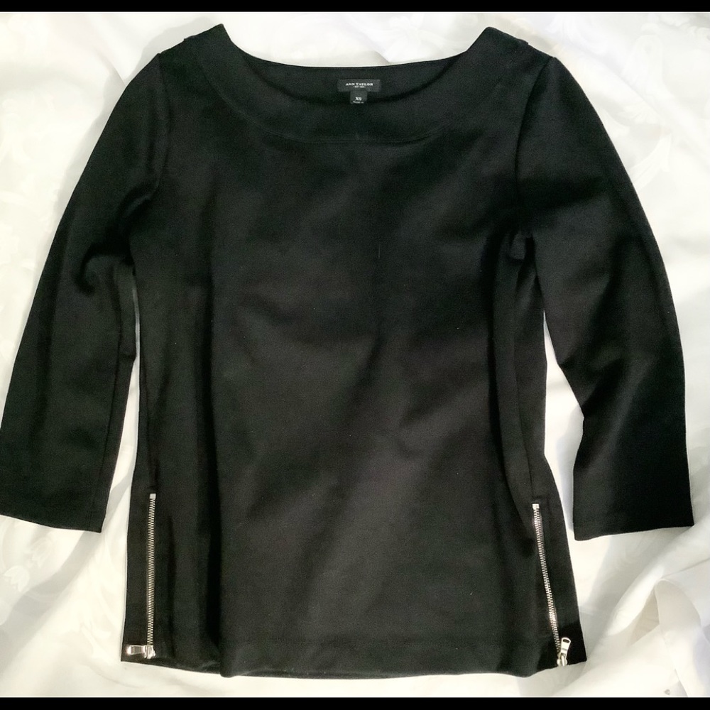 Ann Taylor Boat Neck Black Ponte Knit Top with Side Zippers XS